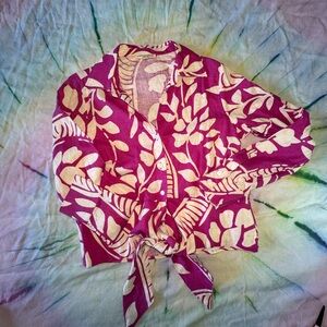 Christian Siriano Magenta and Cream Tropical Leaf Print Blouse